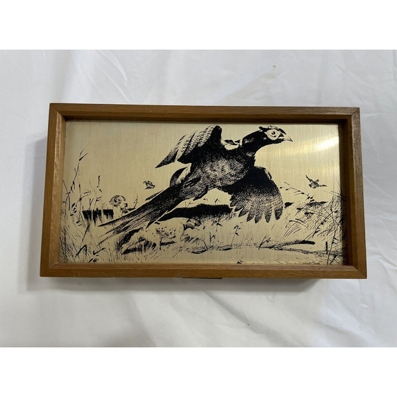 Vintage Wood Etched Jewelry Box Pheasants Hunting Dogs Velvet Lined Hinged - Picture 1 of 11
